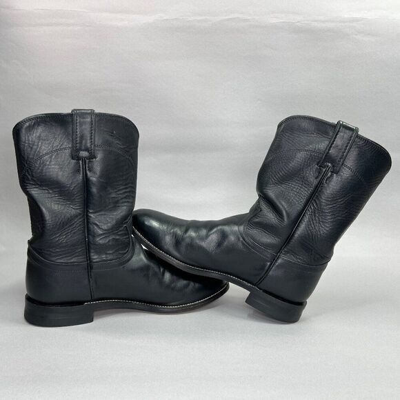 Justin Men's Size 10D Jackson Black Leather 10" Roper Cowboy Boots - Picture 7 of 12